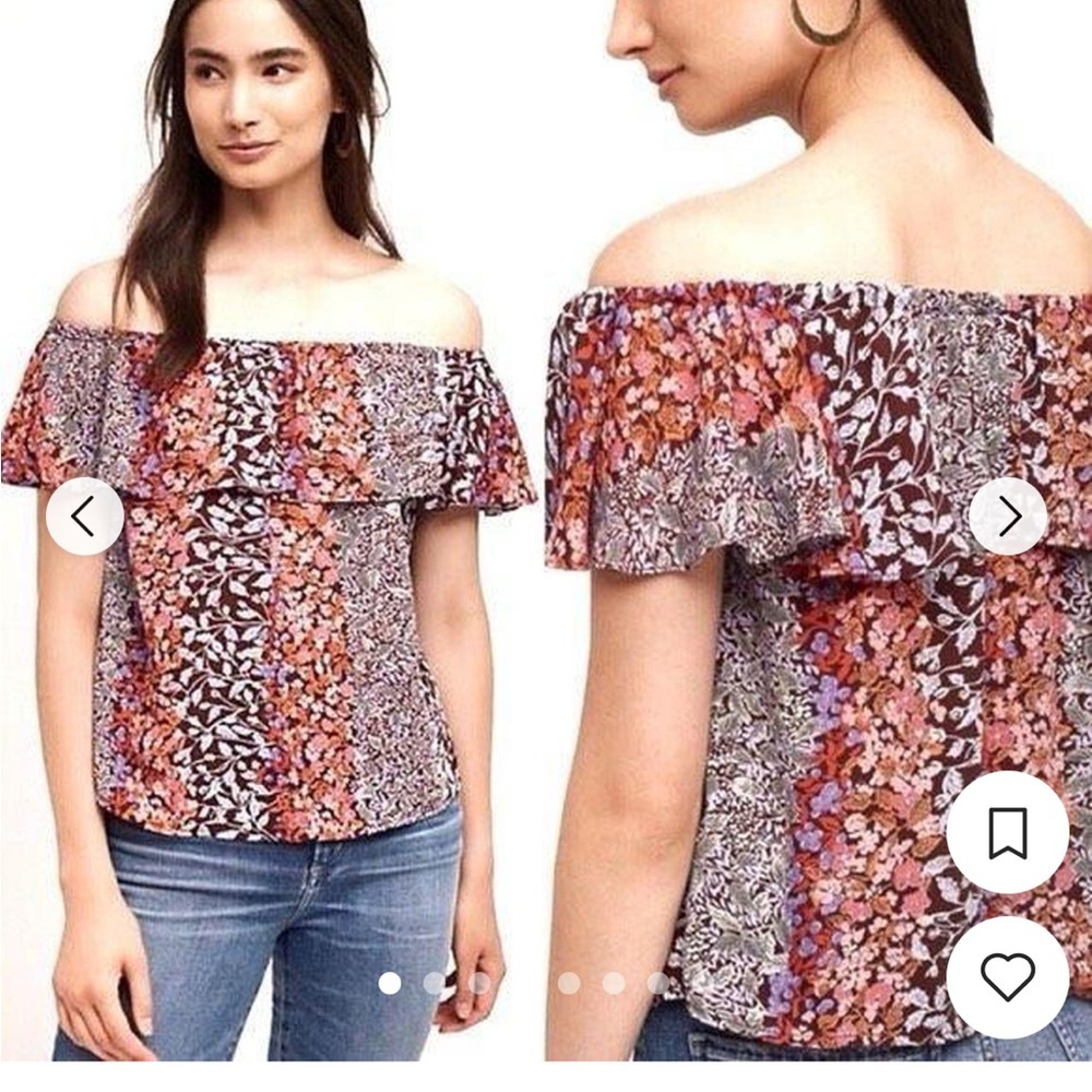 ANTHROPOLOGIE Off Shoulder Baby Doll Blouse Top Ruffle Floral Boho Flounce Maeve